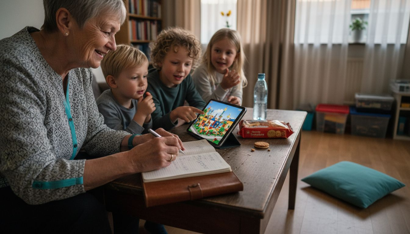 Familien snakker om, hvor de gerne vil hen på ferie, hjemme i stuen.