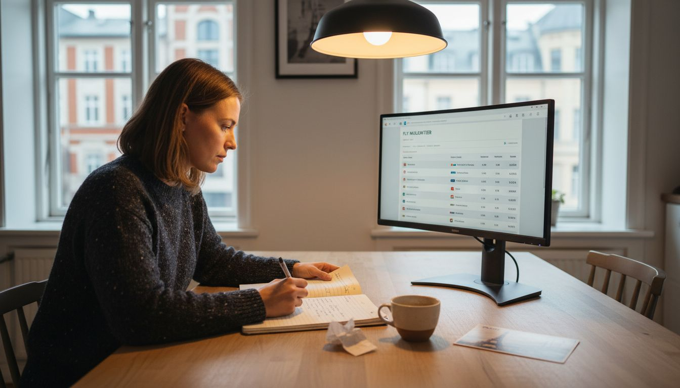 Kvinde sidder foran computeren og sammenligner flybilletter