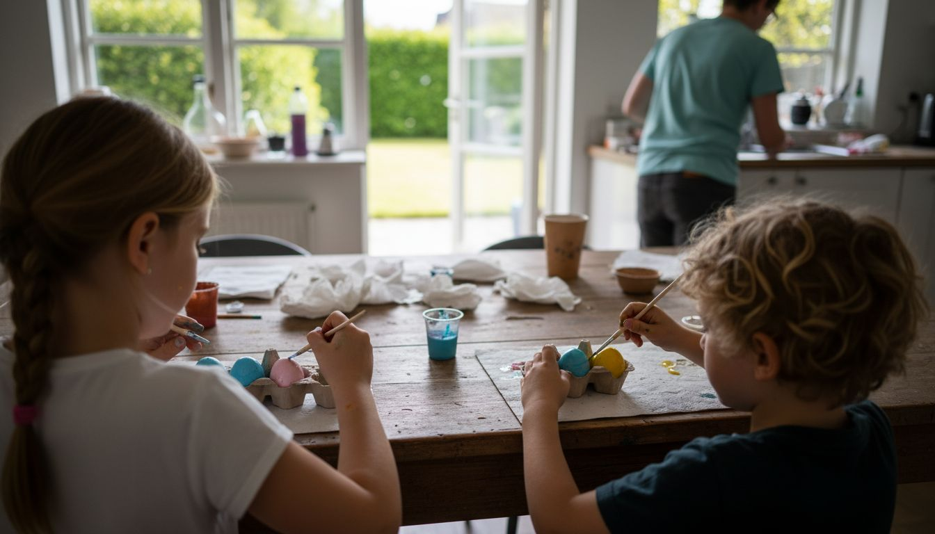 Hjemme ved køkkenbordet sidder børnene og dekorerer påskeæg med alle regnbuens farver.