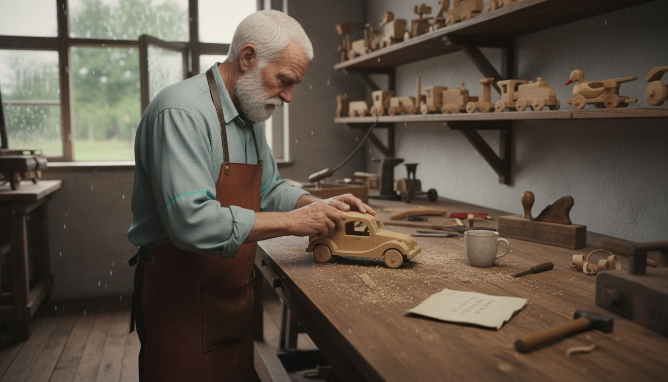 En ældre herre sidder og bygger med LEGO i sit værksted.
