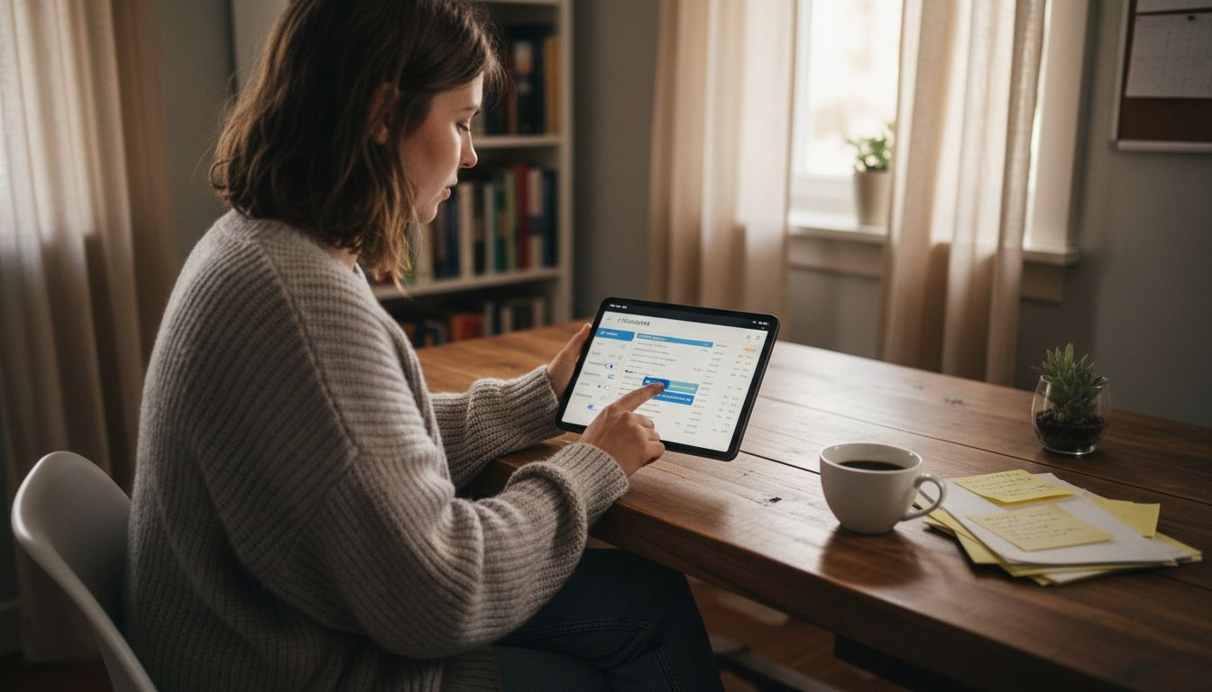 En kvinde sidder med sin tablet og sorterer blandt flyrejser.