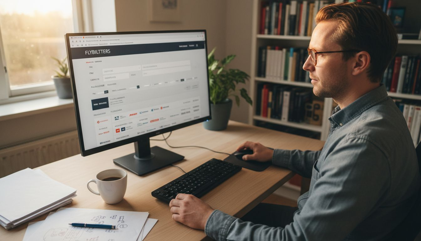 Mand sorterer flybilletter ved hjælp af filtre på rejseside