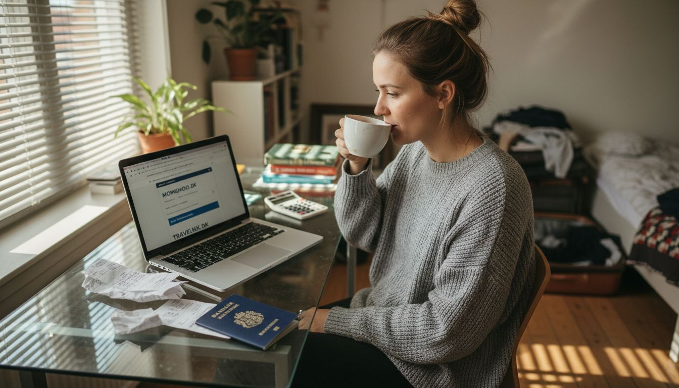 Kvinde sidder ved skrivebordet og sammenligner flybilletter for at finde den bedste pris.