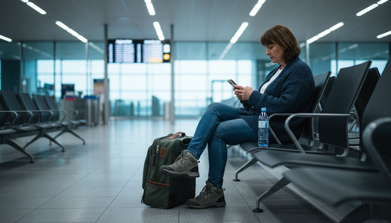 En kvinde sidder og venter alene i lufthavnen tidligt tirsdag morgen.