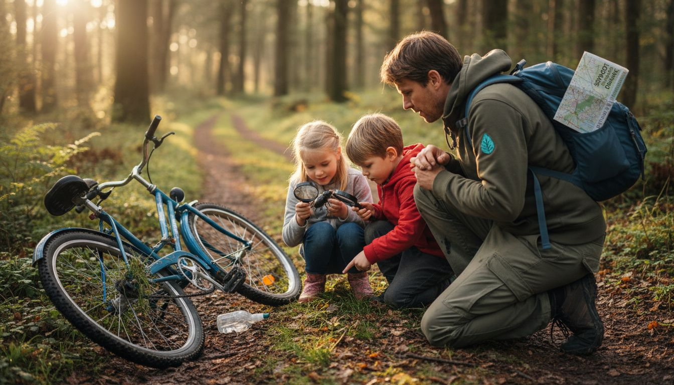 En familie går på opdagelse i skovbunden sammen med børnene, der nysgerrigt undersøger alt med en lup.