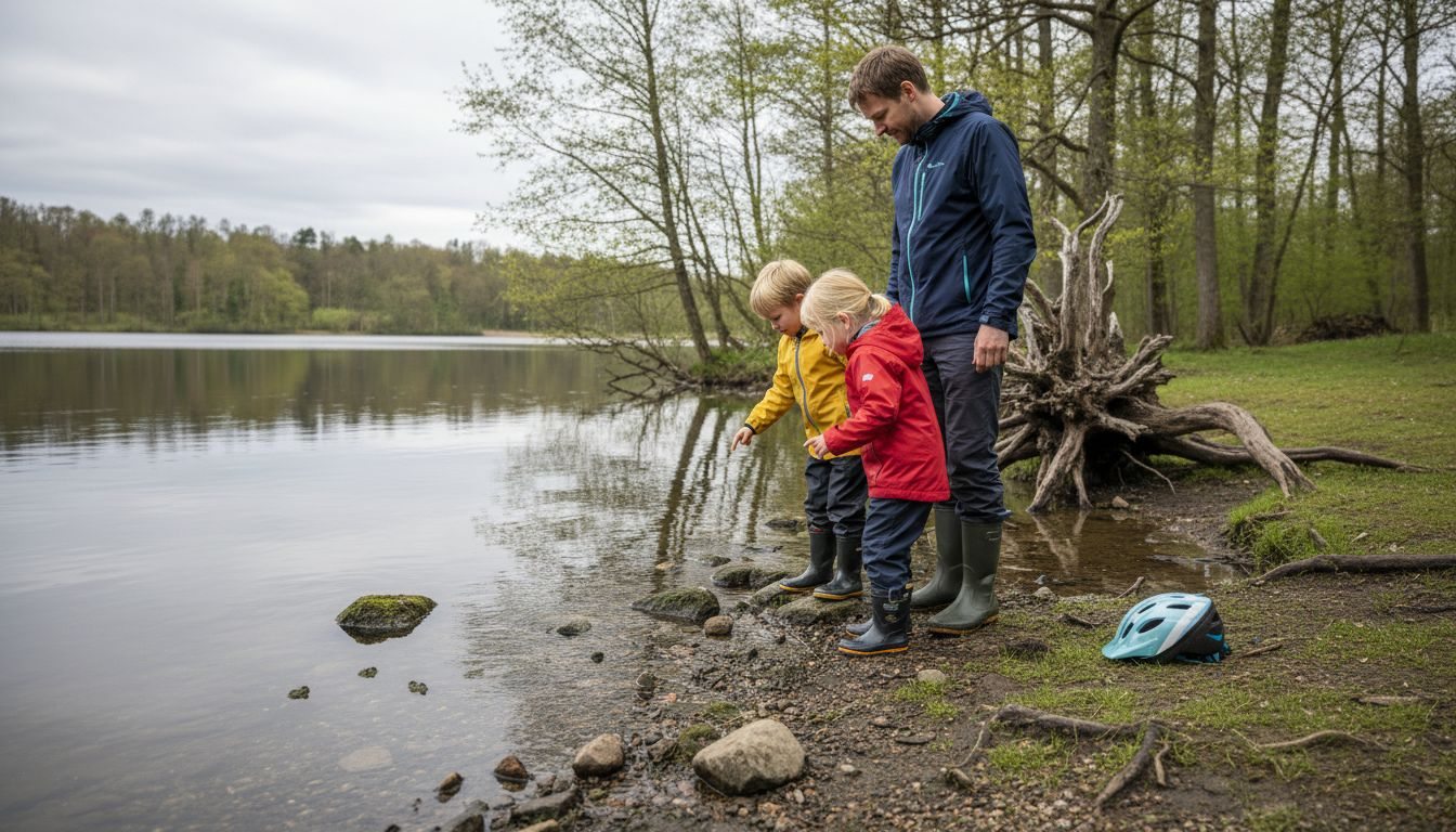 En familie kigger på små frøer ved kanten af søen