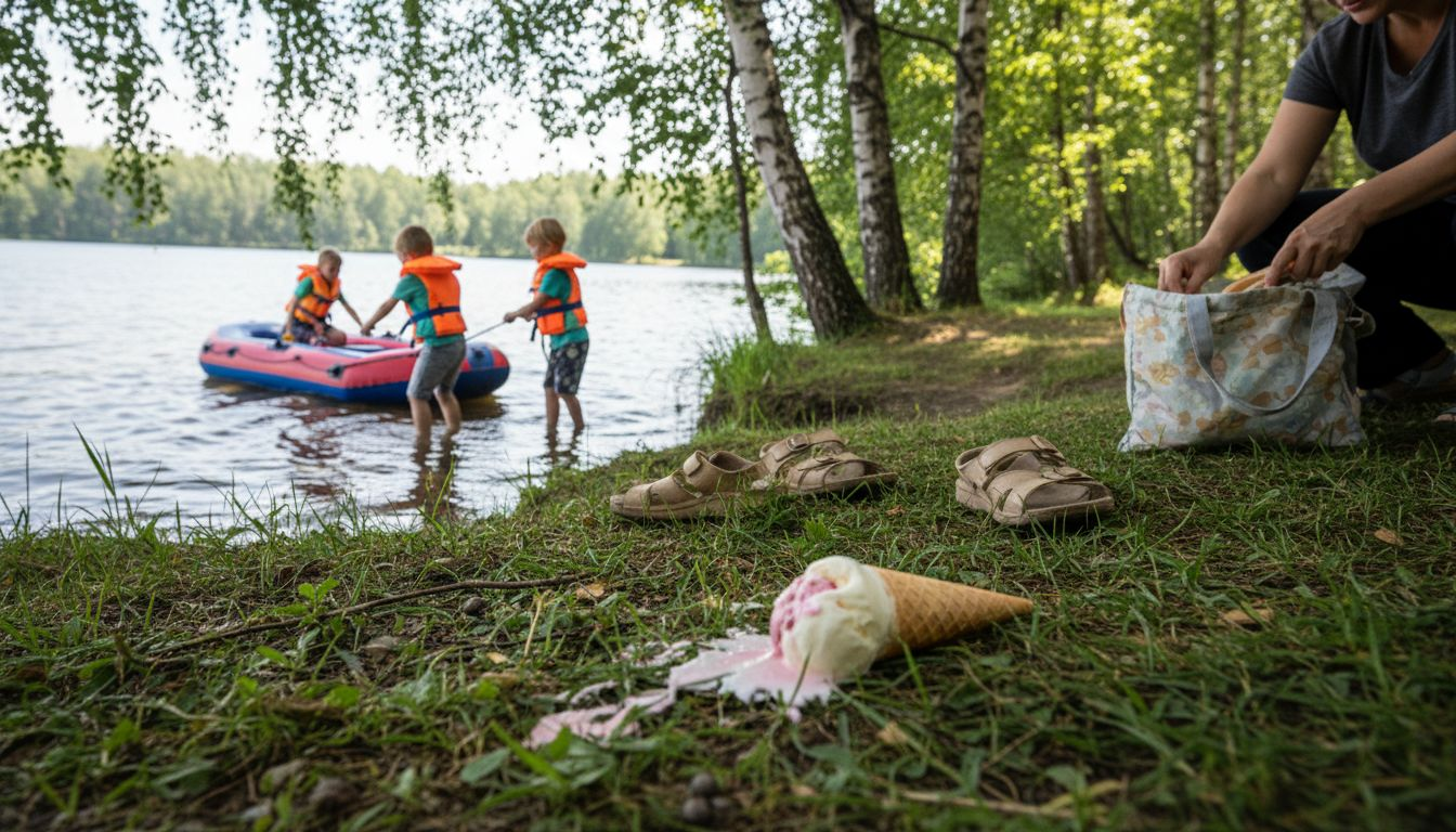 En flok børn hygger sig og leger langs søbredden iført redningsveste.