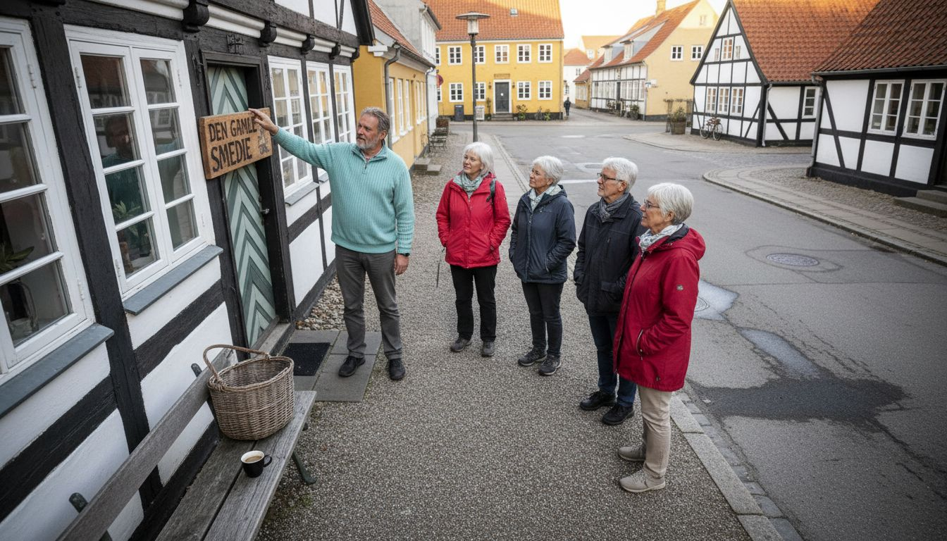 En gruppe turister på guidet byvandring i centrum af en dansk by