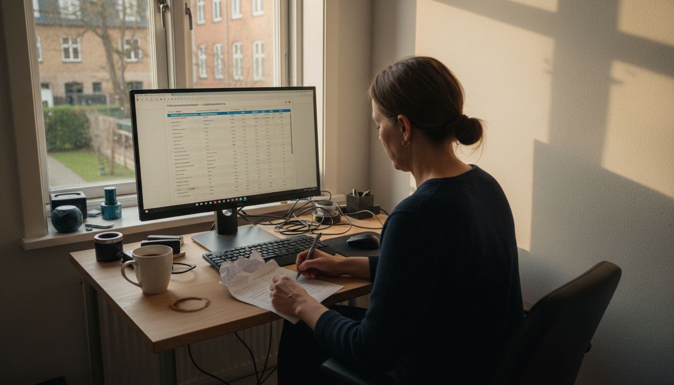 En kvinde sidder på sit hjemmekontor og gennemgår priser på flybilletter.