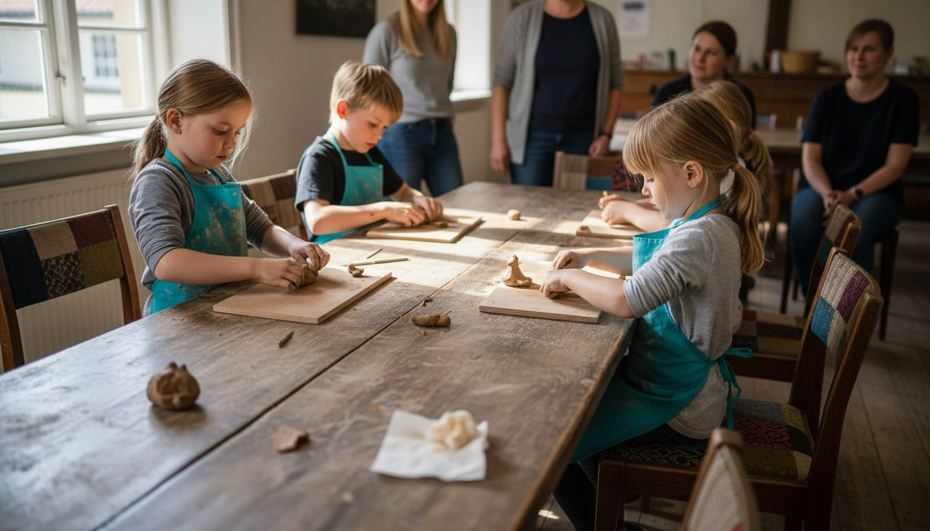 Under et kreativt værksted på museet sidder børnene og laver figurer i ler.