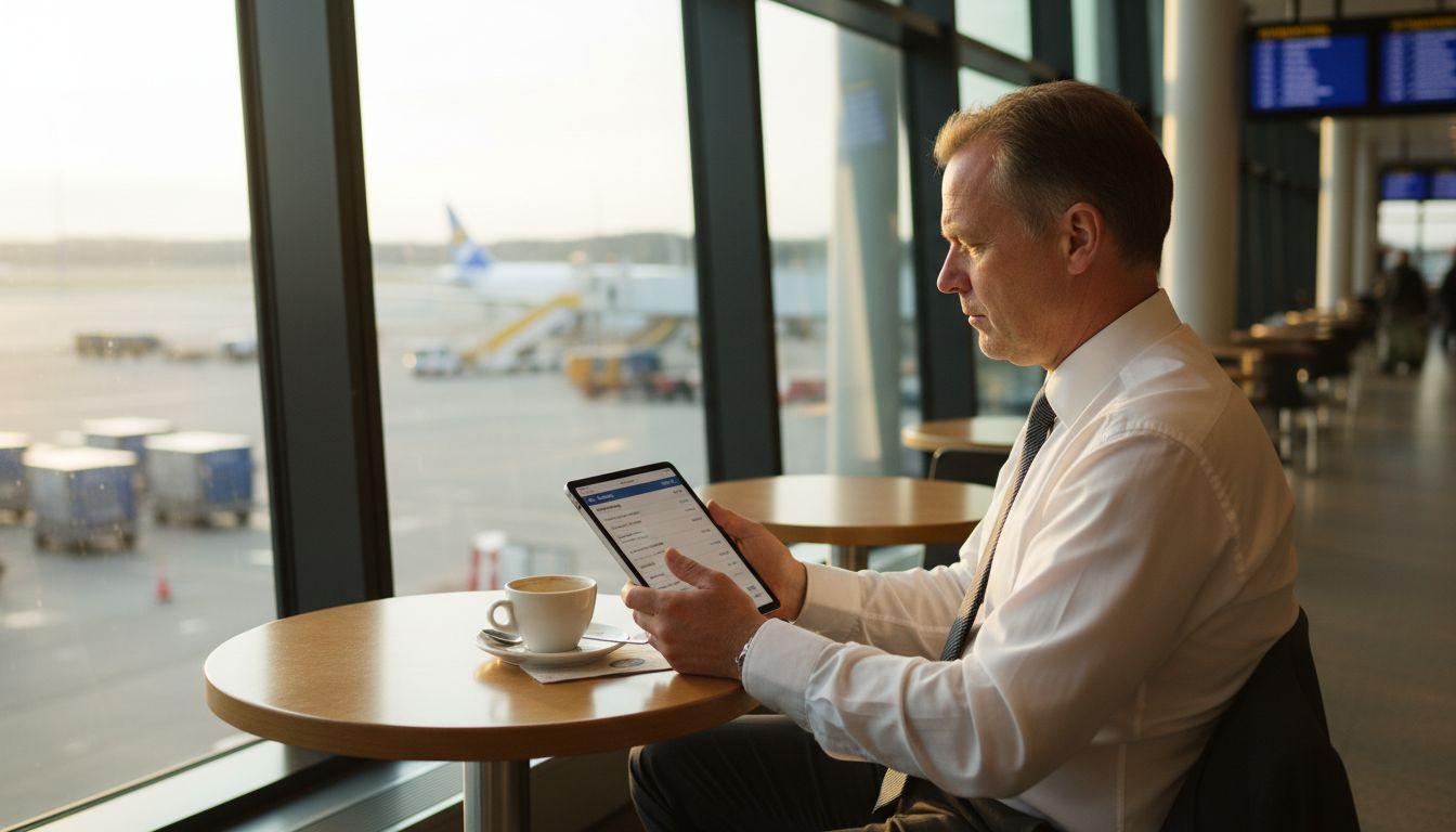 Mand sammenligner flypriser på tablet i lufthavn