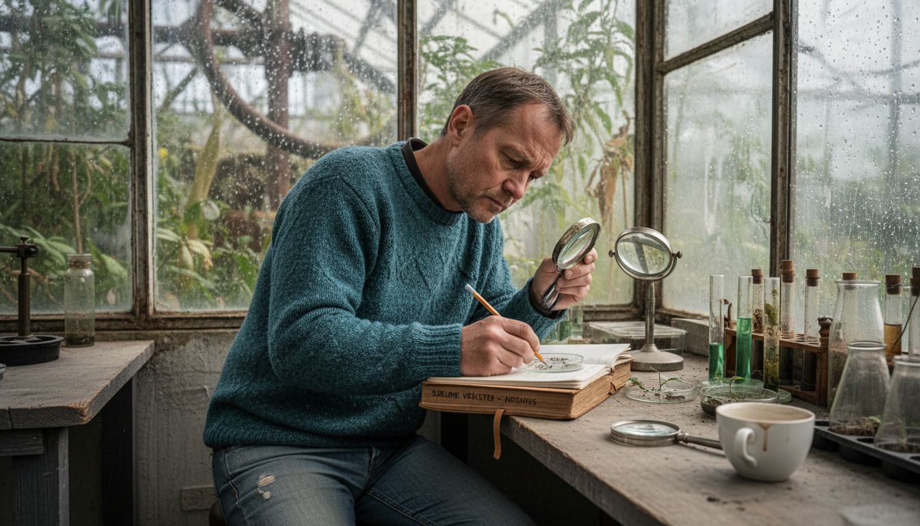 En forsker arbejder med at studere planter i et drivhus.