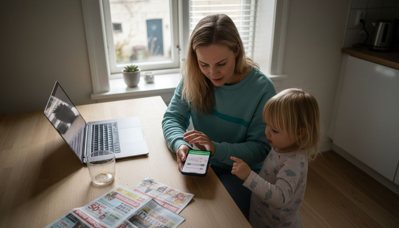 En mor og hendes datter sidder hjemme i sofaen og tjekker tilbud på forskellige rabatapps.