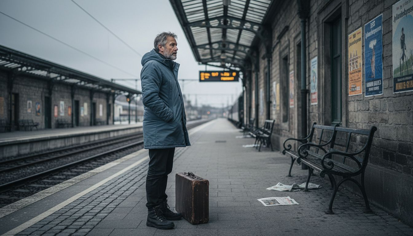 En mand står alene og venter på toget ved en stille vinterstation.