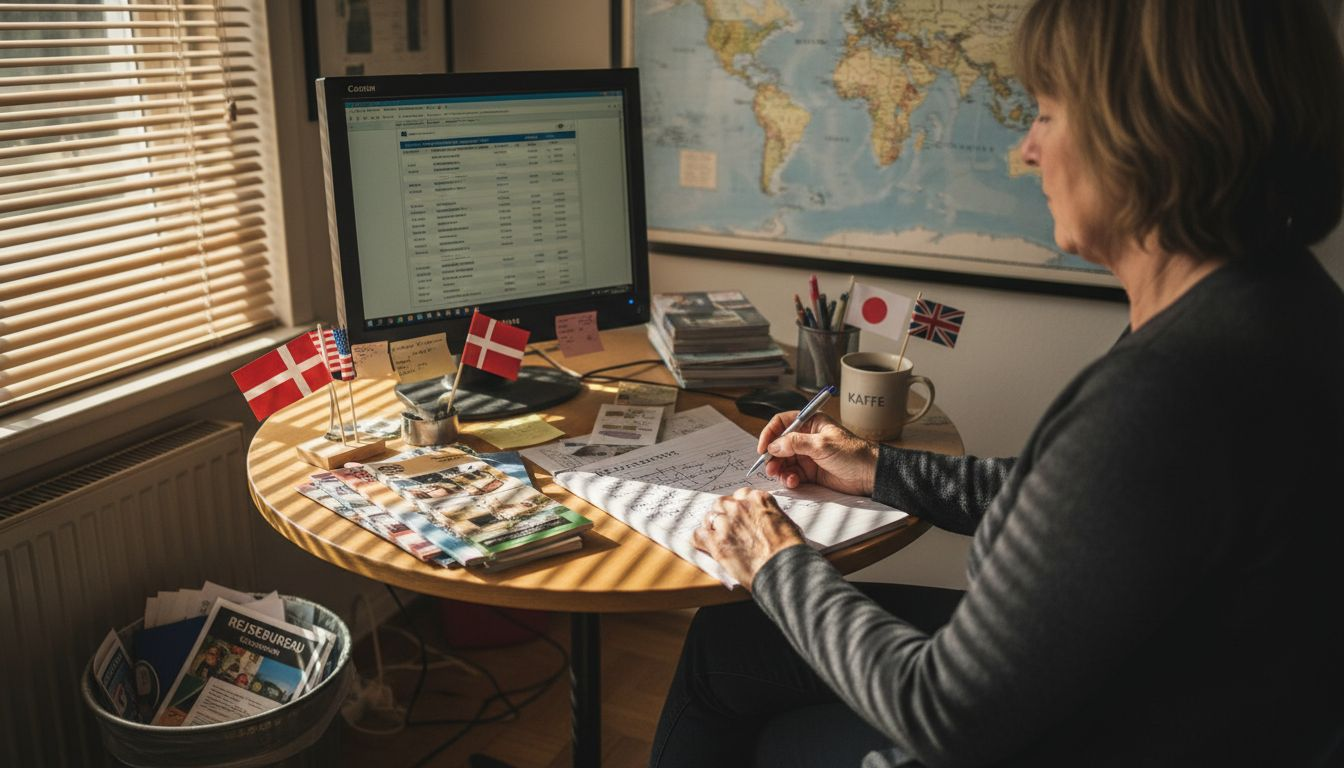 En rejsekonsulent sidder ved sit skrivebord og sammenligner priser på flybilletter for at finde det bedste tilbud til kunden.