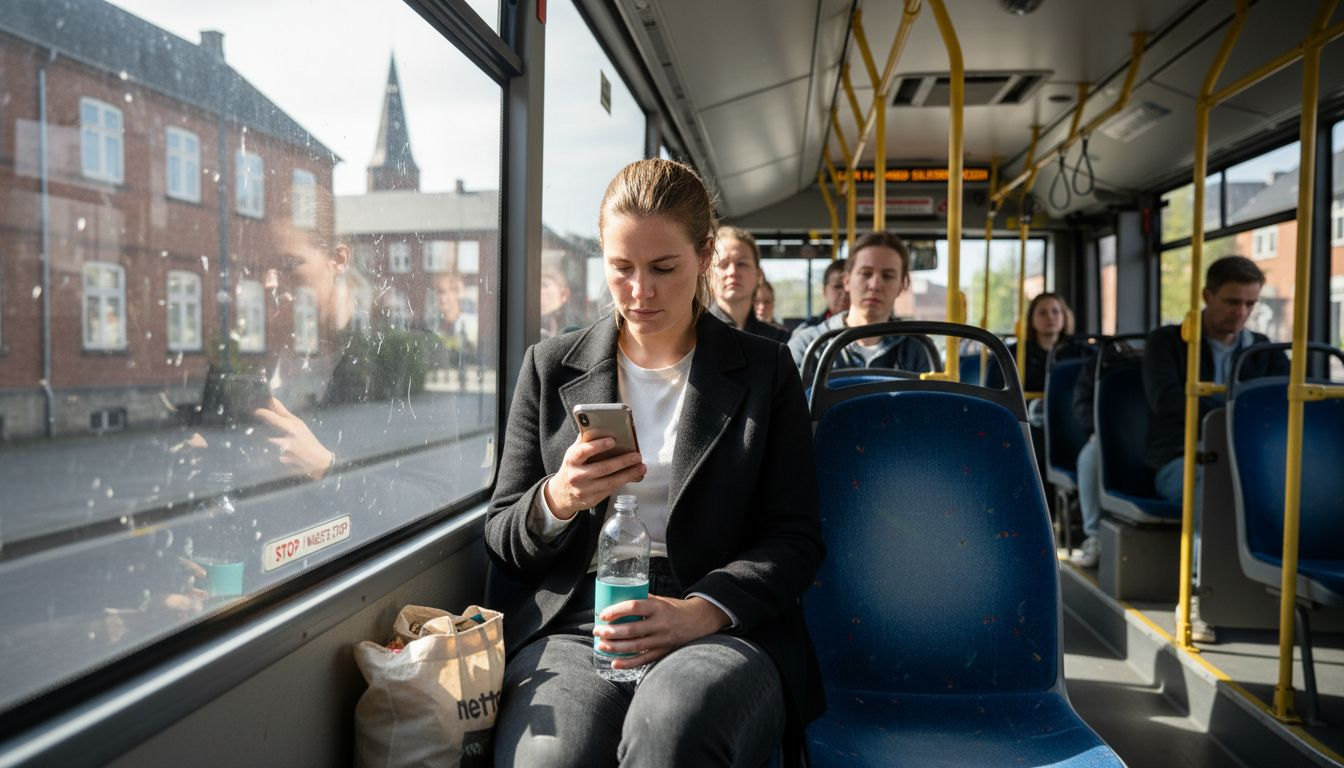 En passager sidder med sin smartphone i hånden på en bybus i Danmark.