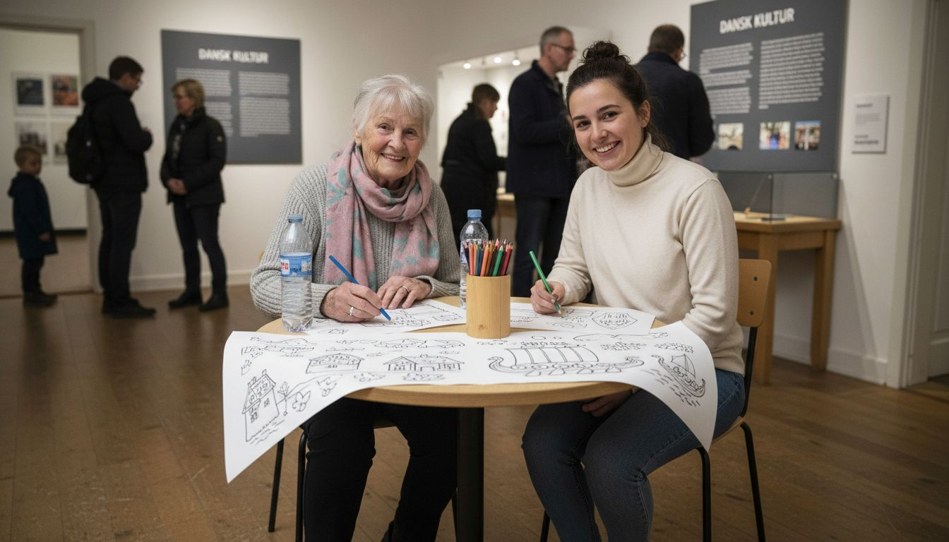 En familie fordyber sig i en interaktiv aktivitet på museet sammen.