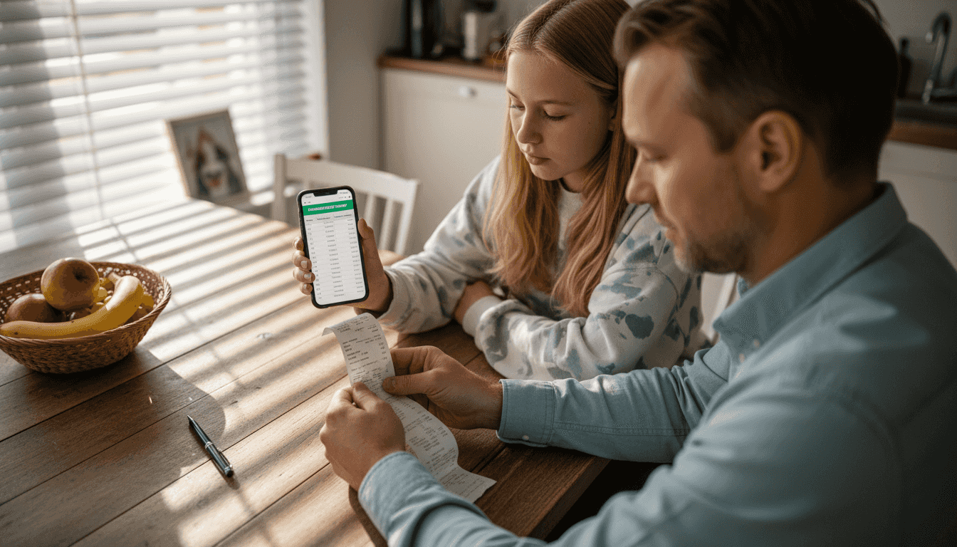 Far og datter sætter sig sammen for at lægge budget til deres næste udflugt.