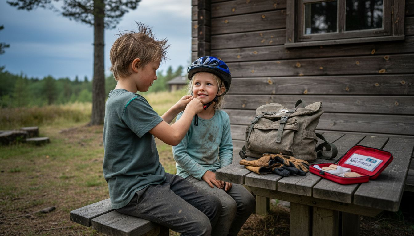 Udendørs hjælper børn hinanden med at få hjelm og beskyttelse på, før de går i gang med legen.