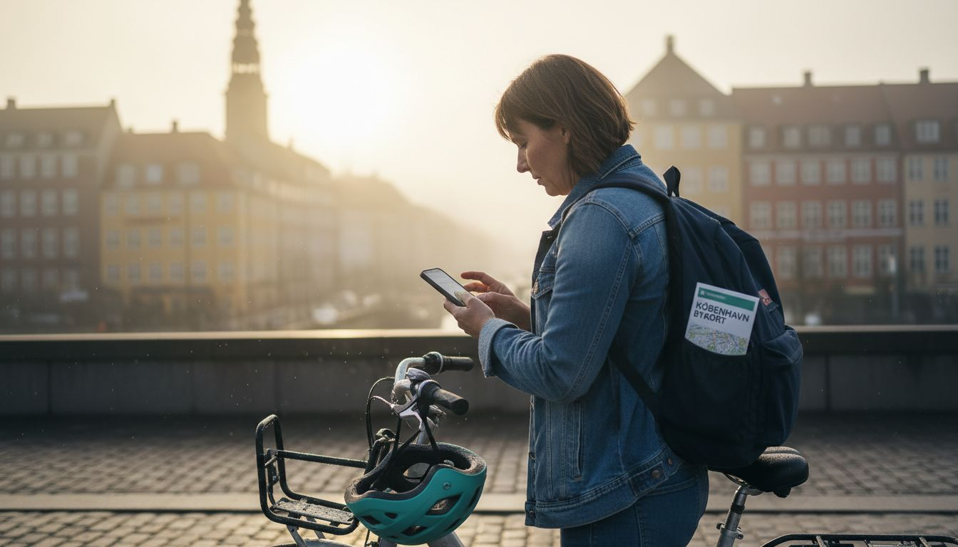 Turist udforsker København med smartphone som guide