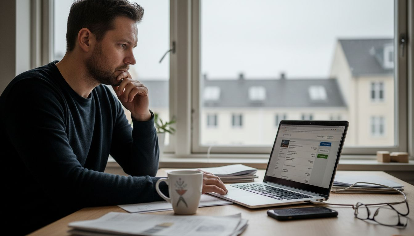 Mand sidder ved køkkenbordet og tjekker flybilletter