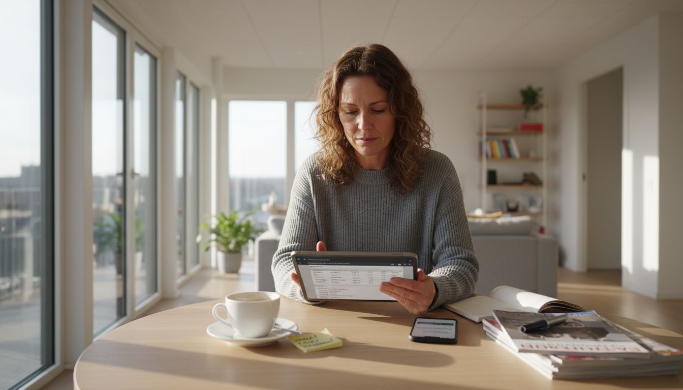 En kvinde sidder i køkkenet og tjekker flyafgange på sin tablet.