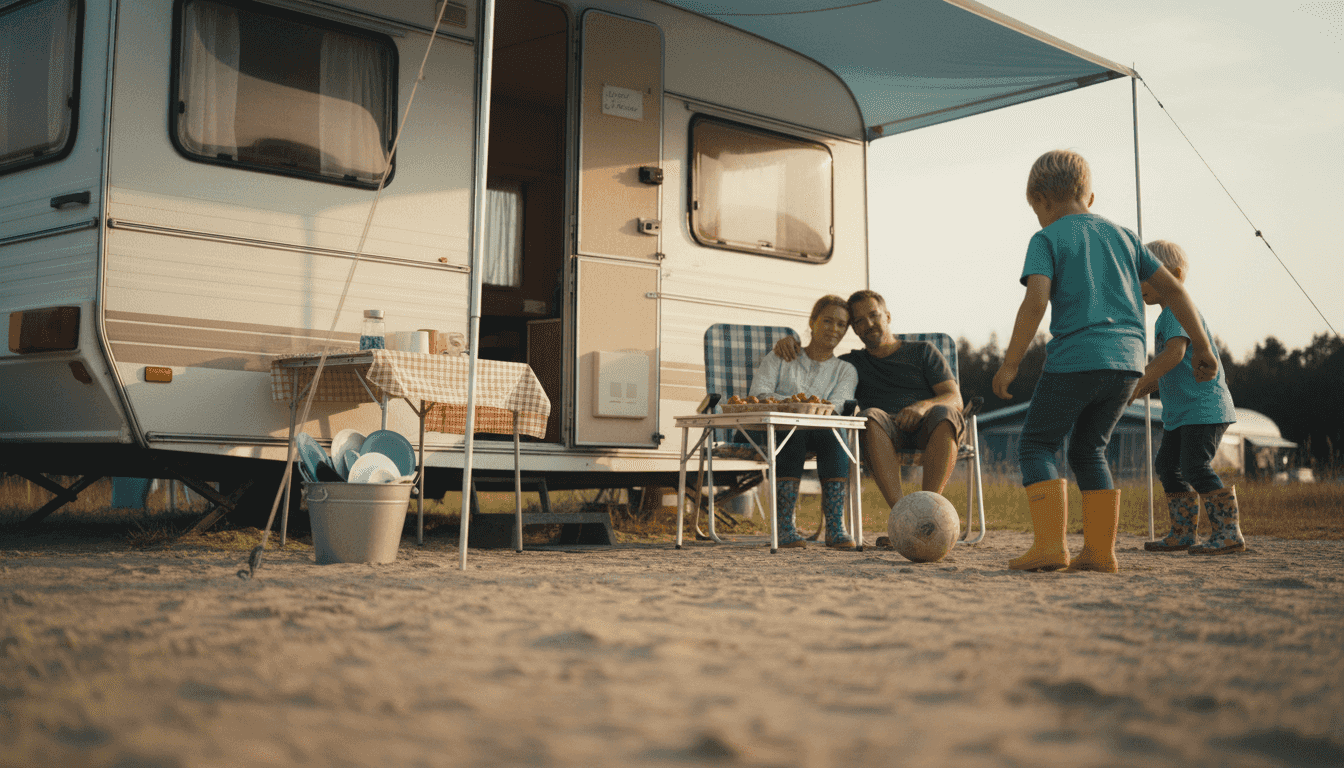 Børnene leger foran campingvognen, mens familien hygger sig sammen.
