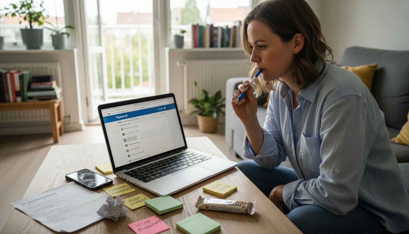 En kvinde sidder ved sin bærbare og bruger søgefiltre for at finde den rette flyrejse.