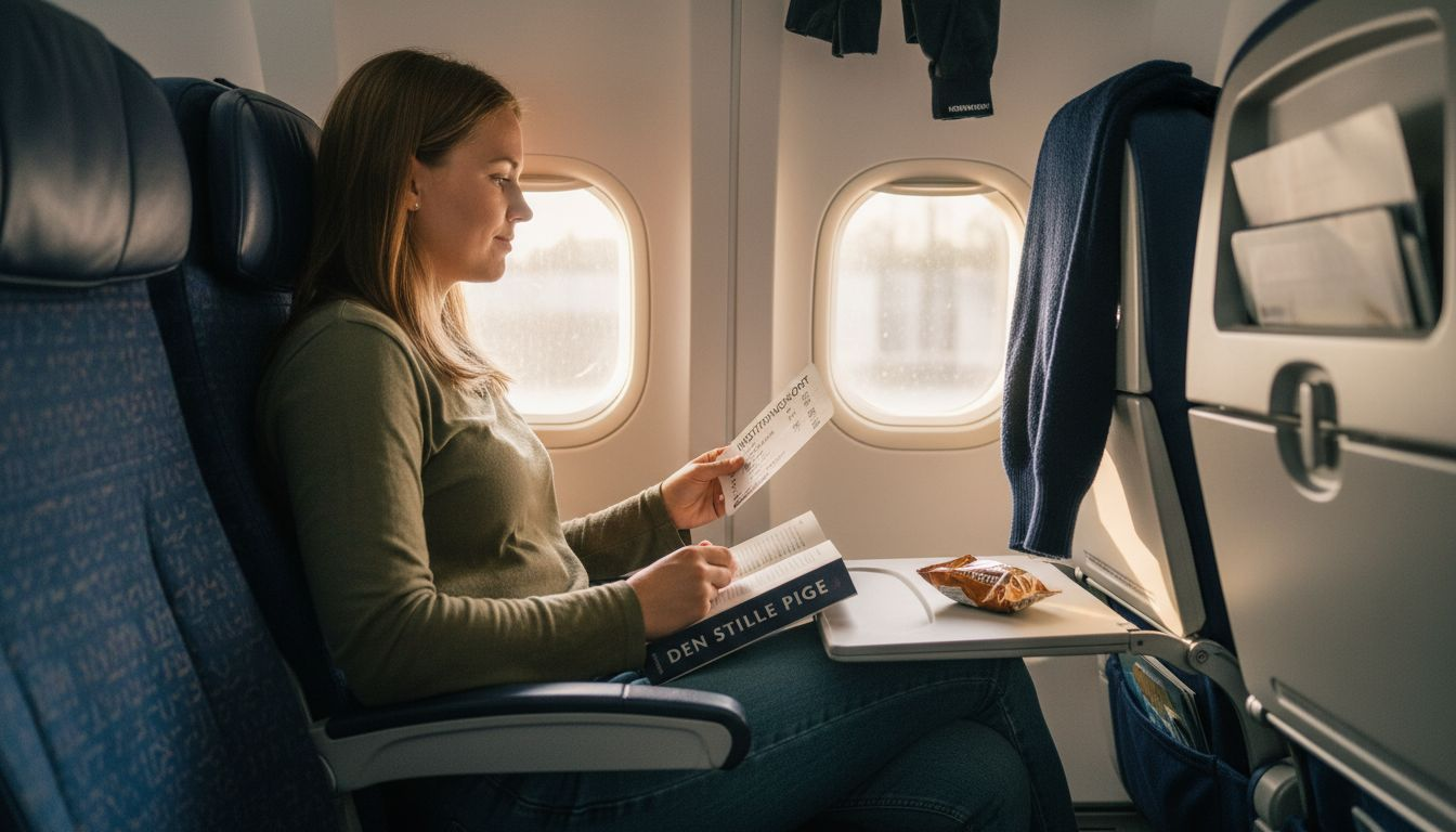 En passager sidder i flykabinen og tjekker sit boardingkort.