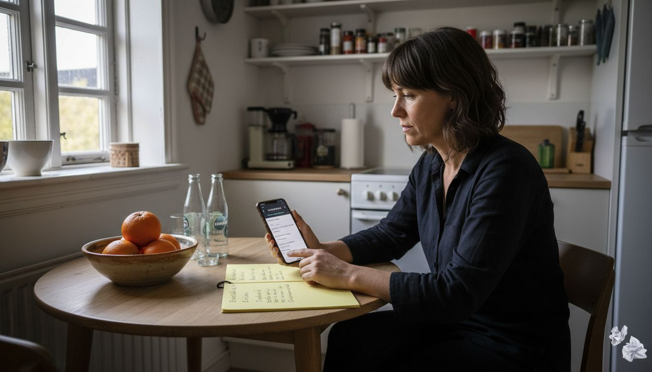 Kvinde sidder derhjemme og søger efter billige flybilletter