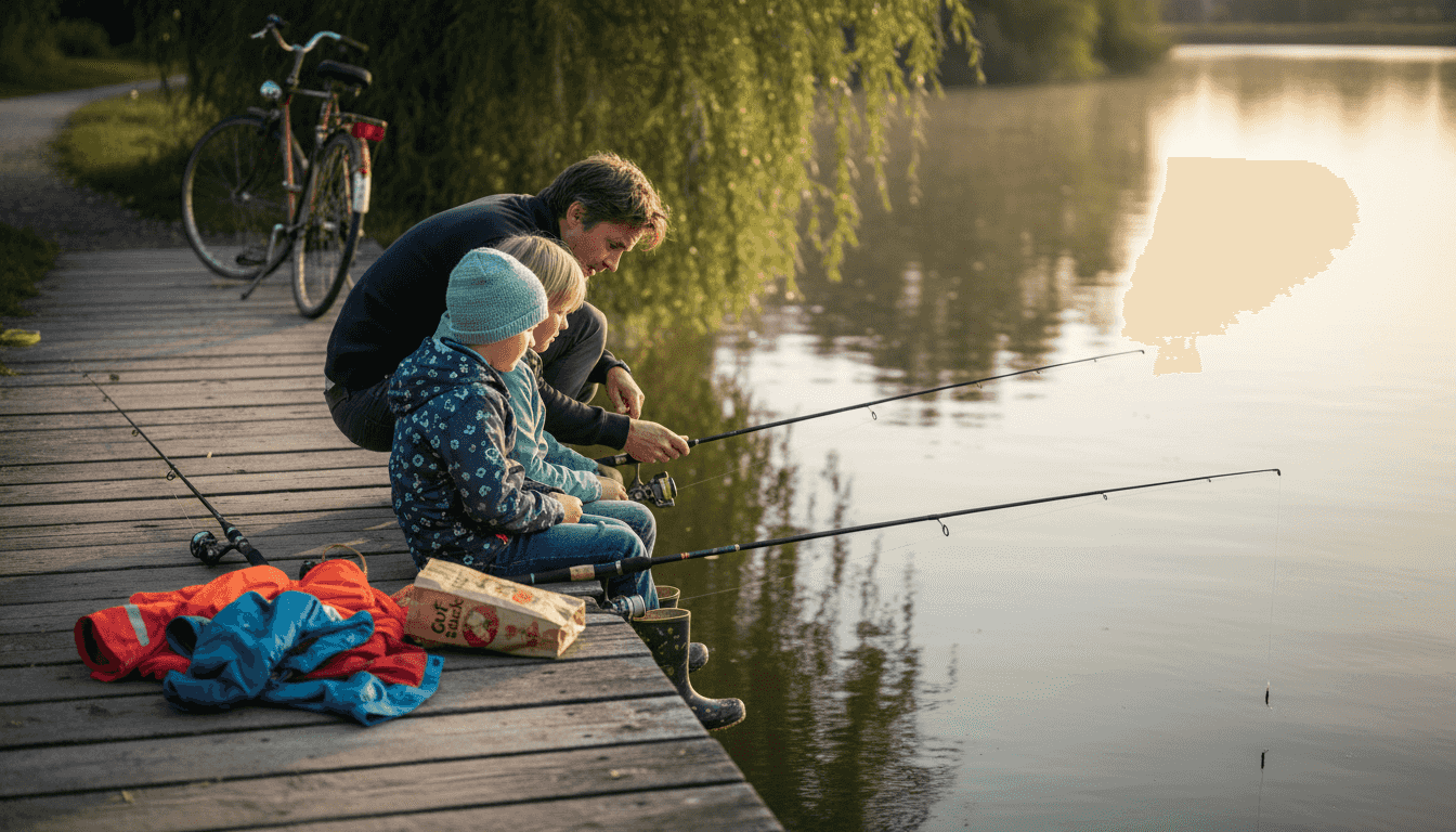 En familie hygger sig med at fiske sammen ved bredden af en dansk sø.