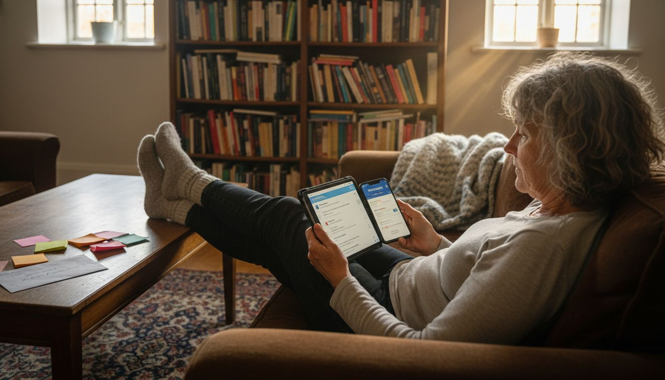 Kvinde tjekker flybilletter hjemme fra sofaen