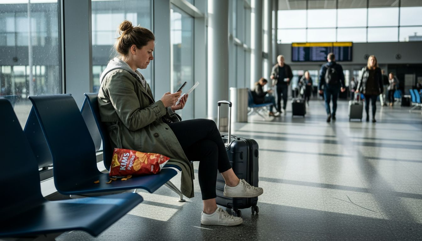 En kvinde sidder på en bænk i lufthavnen og kigger sine billetoplysninger igennem.