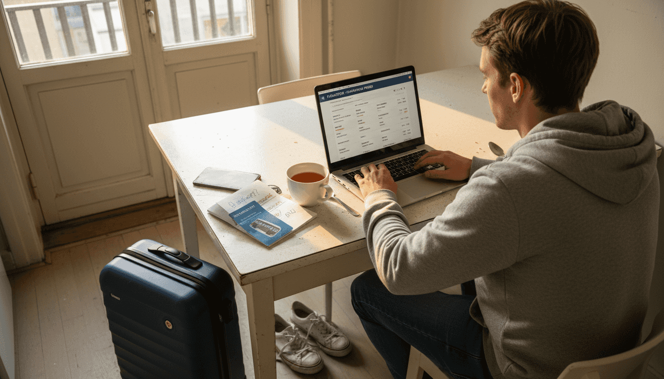 Mand sidder foran computeren og sammenligner rejsepriser