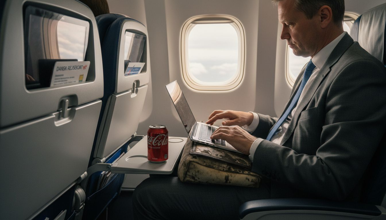 En erhvervsrejsende sidder og arbejder på sin laptop ombord på flyet.