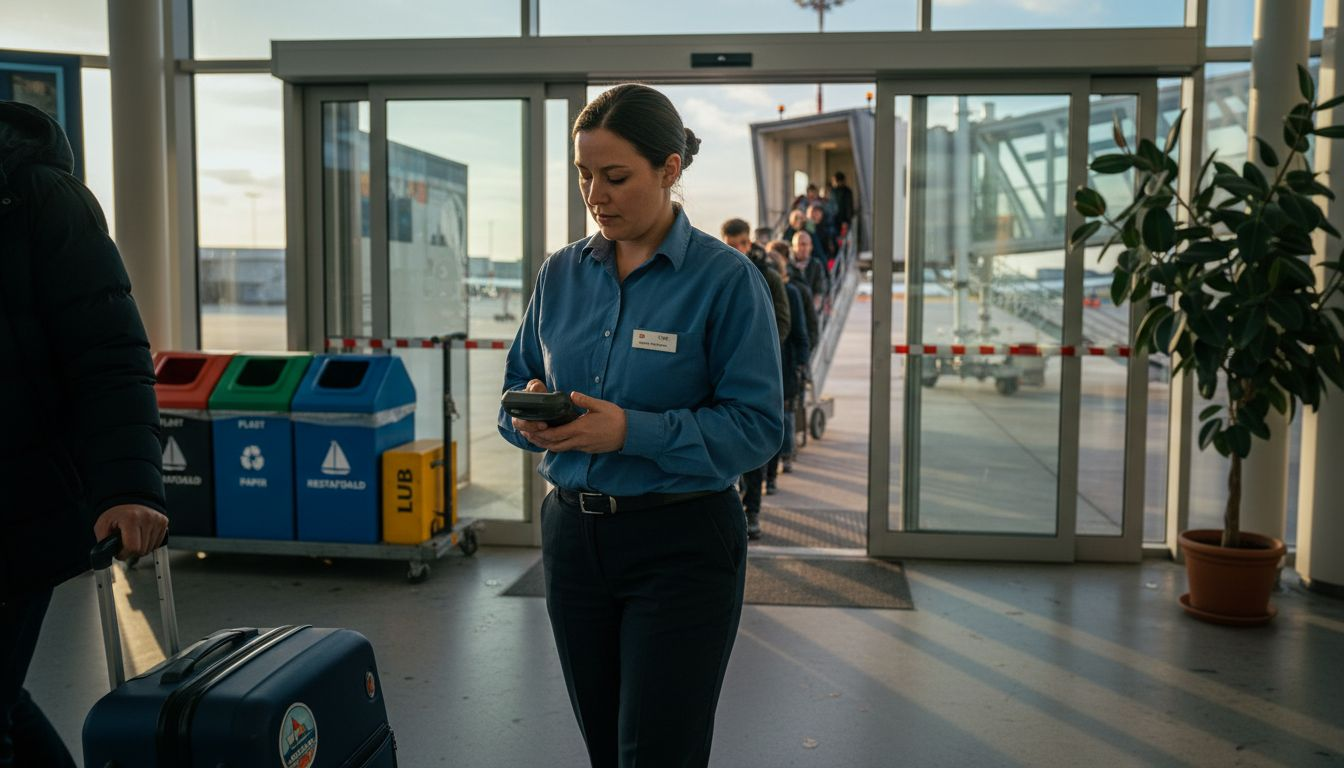 Miljøvenlig boarding i lufthavnen, hvor bæredygtighed og grønne løsninger er i fokus.
