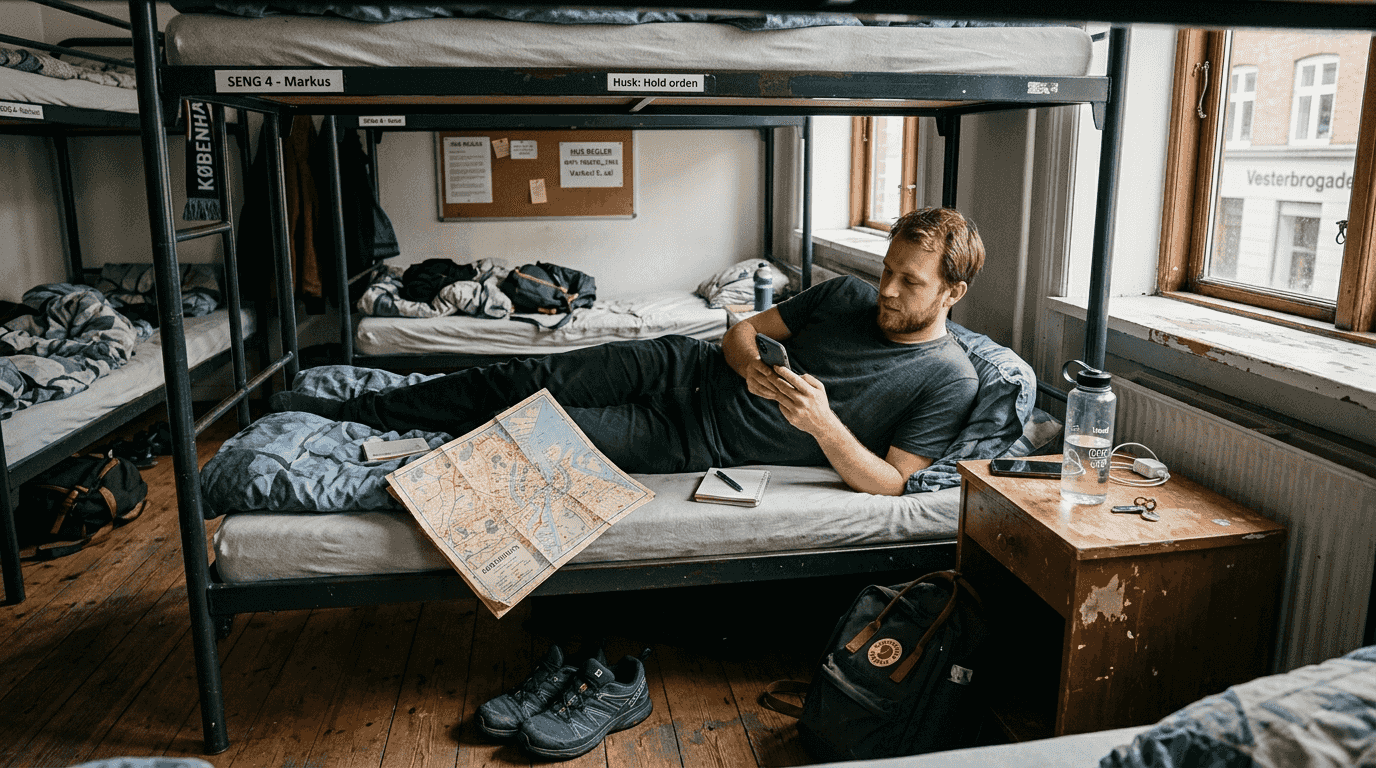 En rejsende ligger i sin køje på hostellet og tjekker sin telefon.