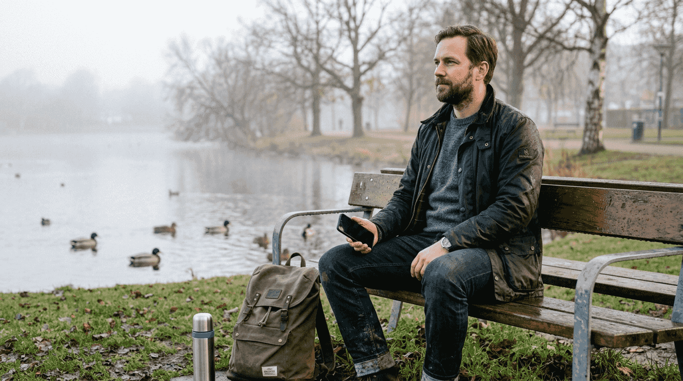 En mand slapper af ved søen i byparken og nyder stilheden.
