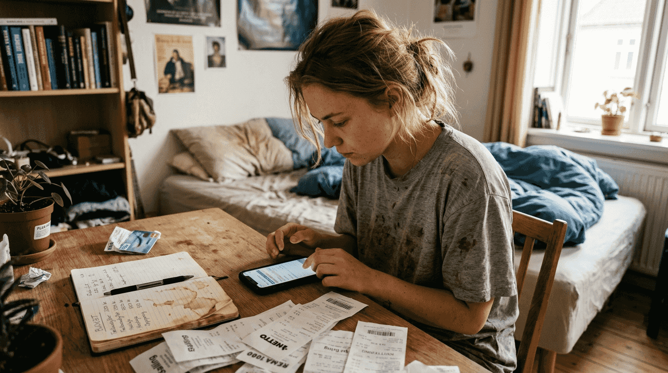 Kvinde planlægger sin næste rejse og lægger budget ved hjemmearbejdspladsen