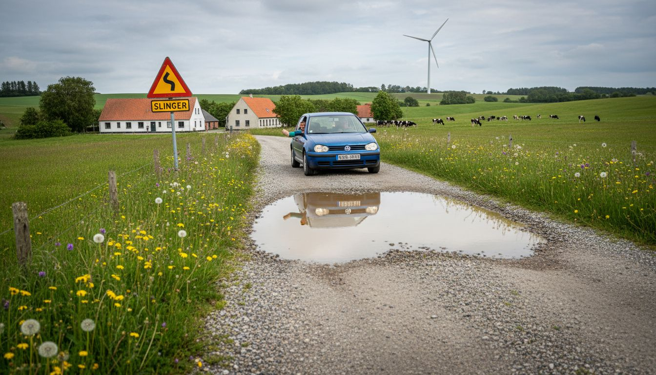 En bil snor sig gennem det danske landskab med åbne marker, små landsbyer og grønne hegn langs vejen.