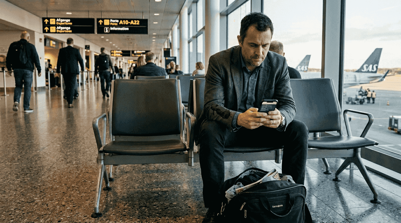 En mand sidder i lufthavnen og tjekker sine flyoplysninger på mobilen.