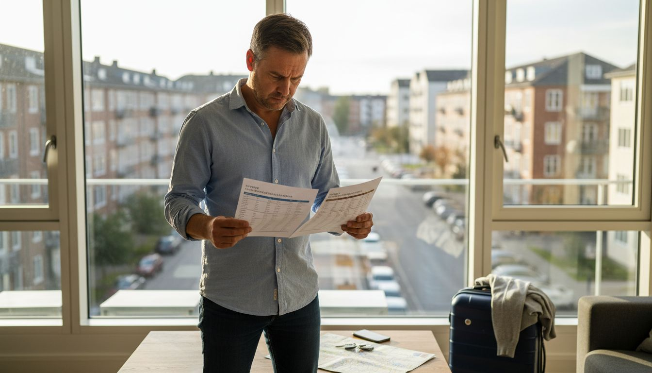 En mand sidder derhjemme og undersøger, hvilke lufthavne der passer bedst til hans rejseplaner.