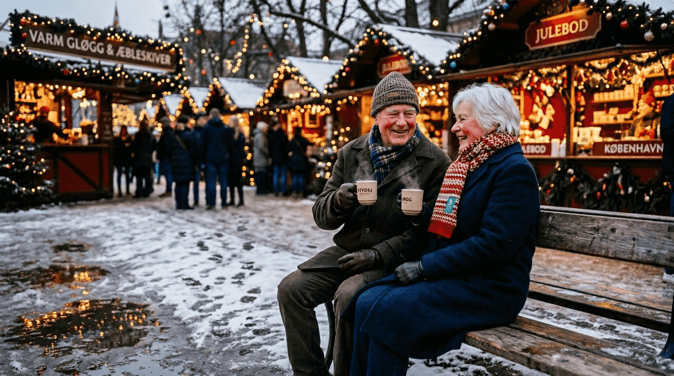 Et ægtepar i deres bedste alder hygger sig med julestemning på julemarkedet i Tivoli.
