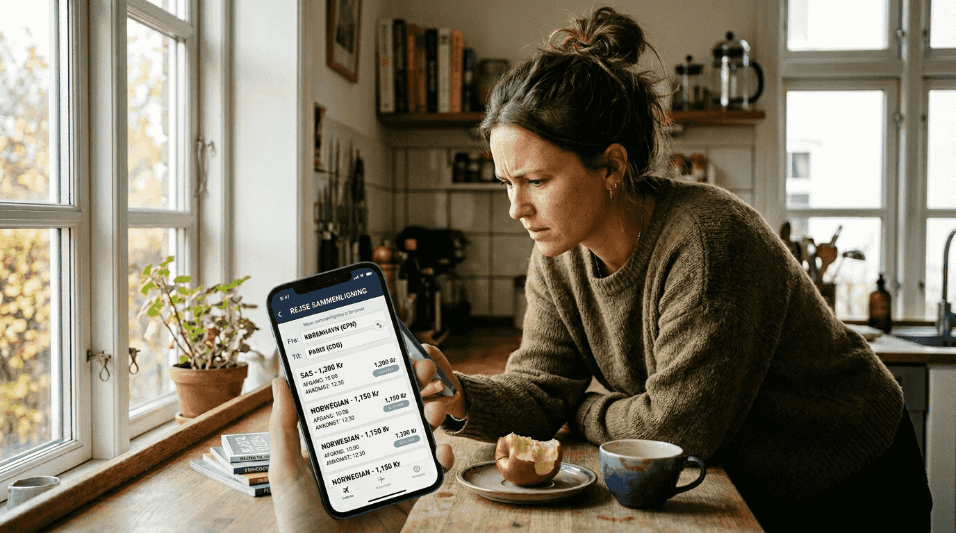 Kvinde sidder og tjekker flybilletter på mobilen
