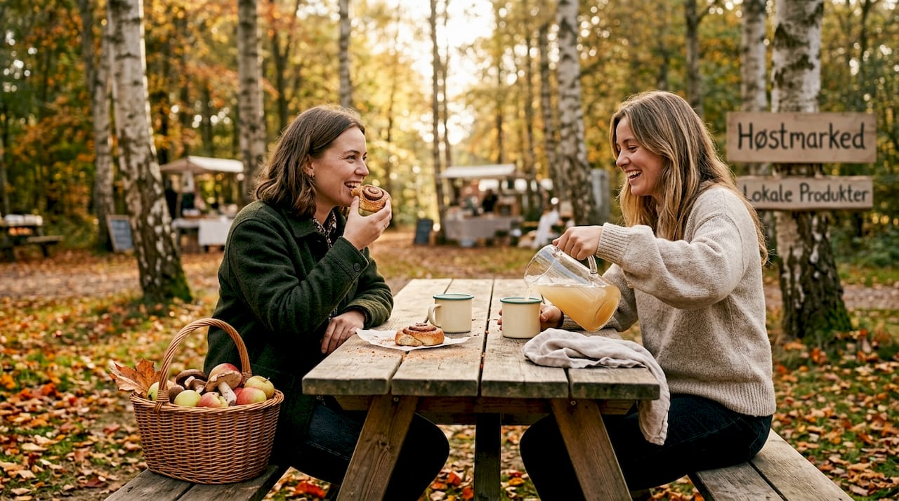 Venner hygger sig med kage under efterårsfesten i skoven.