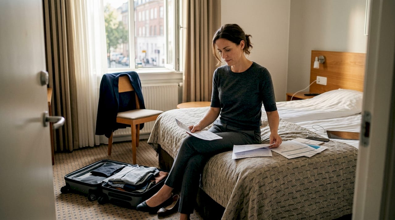 Forretningskvinde planlægger sin rejse på hotelværelset