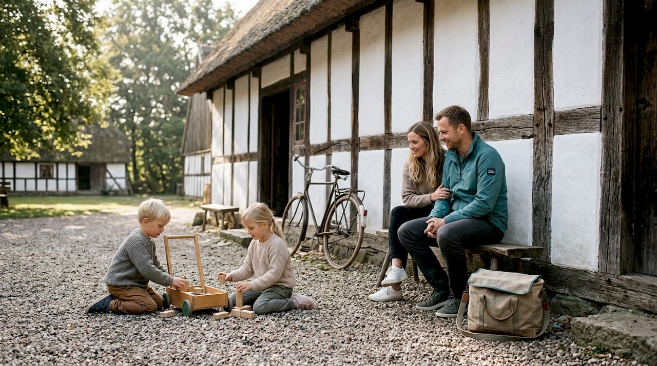 Børn og voksne leger sammen foran et gammelt bindingsværkshus på frilandsmuseet