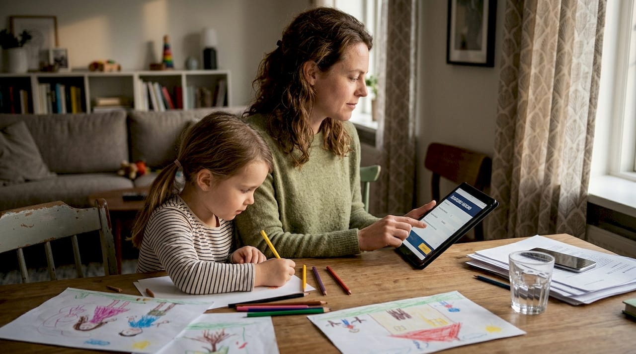 Mor og datter leder efter flyrejser sammen hjemme i stuen
