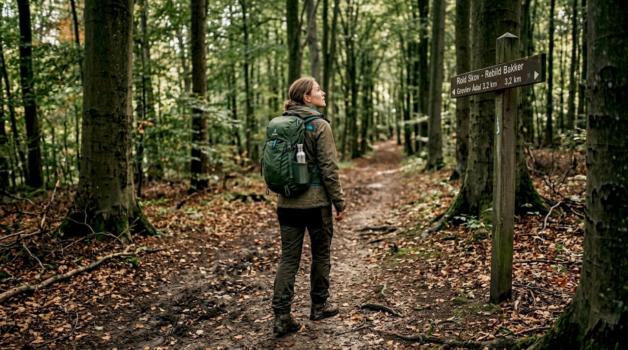 En vandrer bevæger sig ad de snoede stier gennem Rold Skovs dybe og frodige skovlandskab.