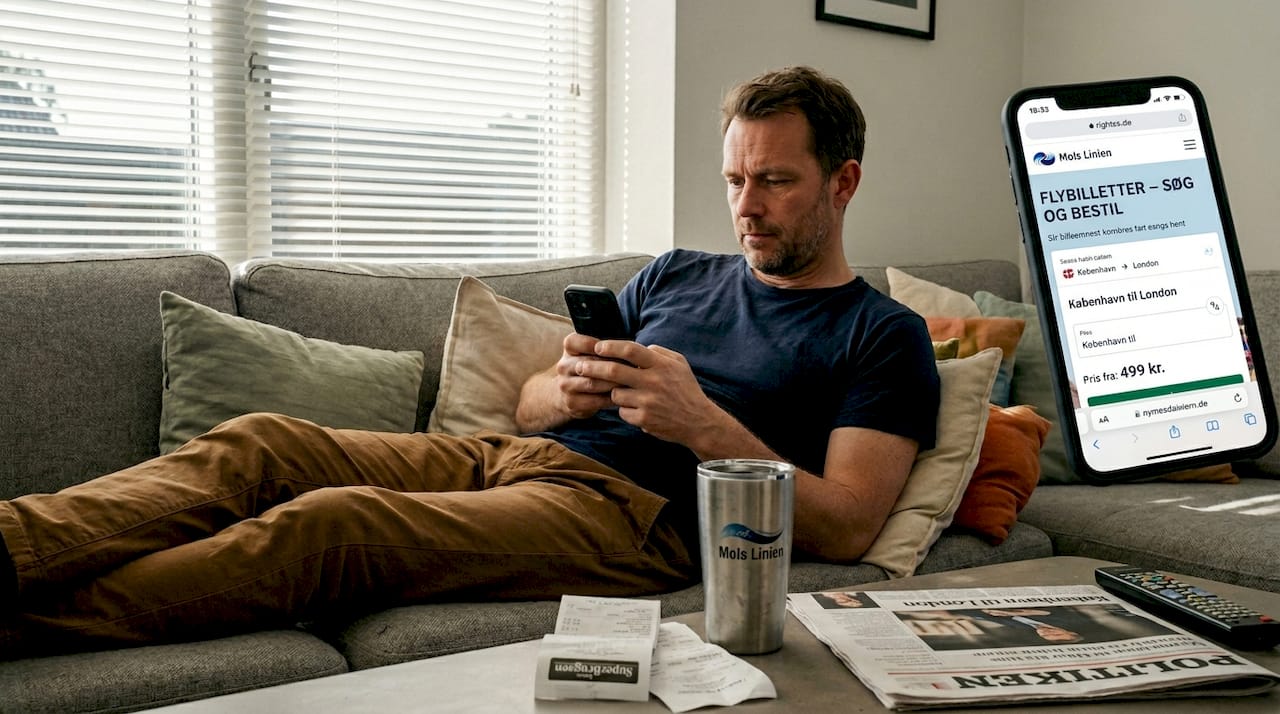 En mand sidder derhjemme i sofaen og tjekker flybilletter på mobilen for at finde den bedste pris.